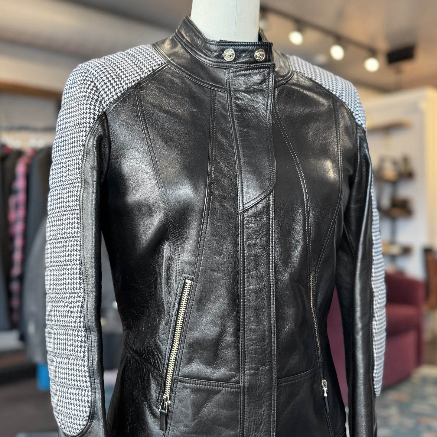 Versace Wool Houndstooth Panels Leather Jacket