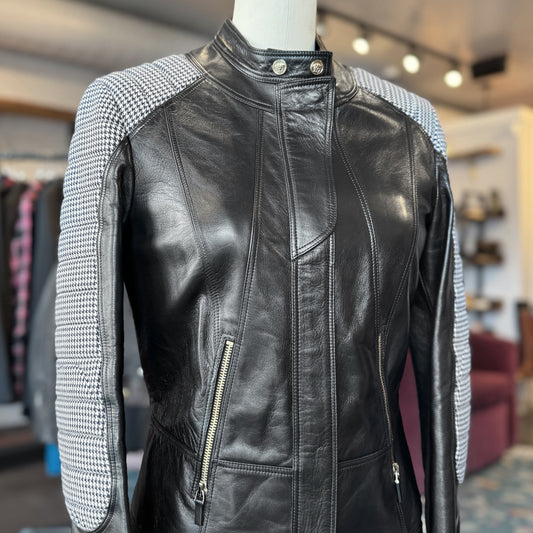 Versace Wool Houndstooth Panels Leather Jacket