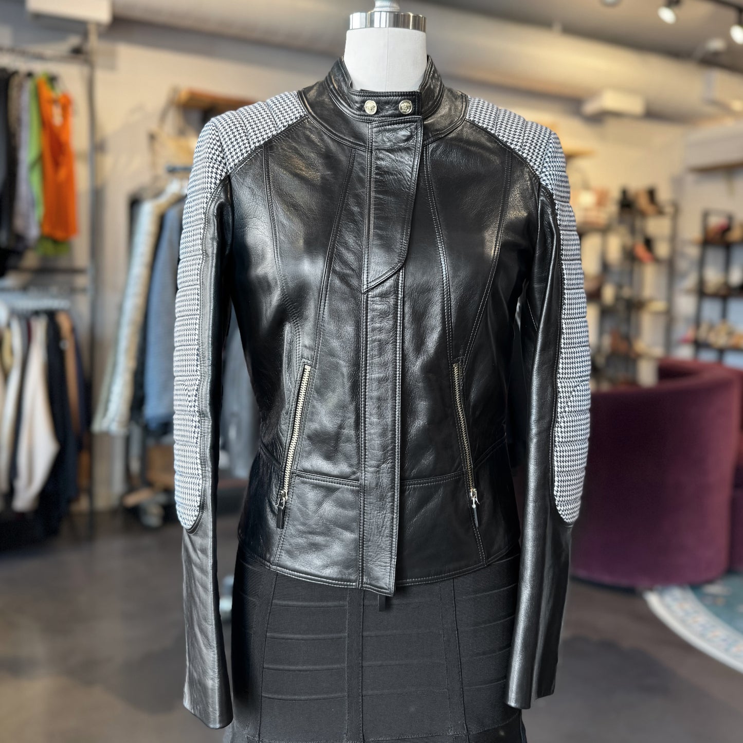 Versace Wool Houndstooth Panels Leather Jacket