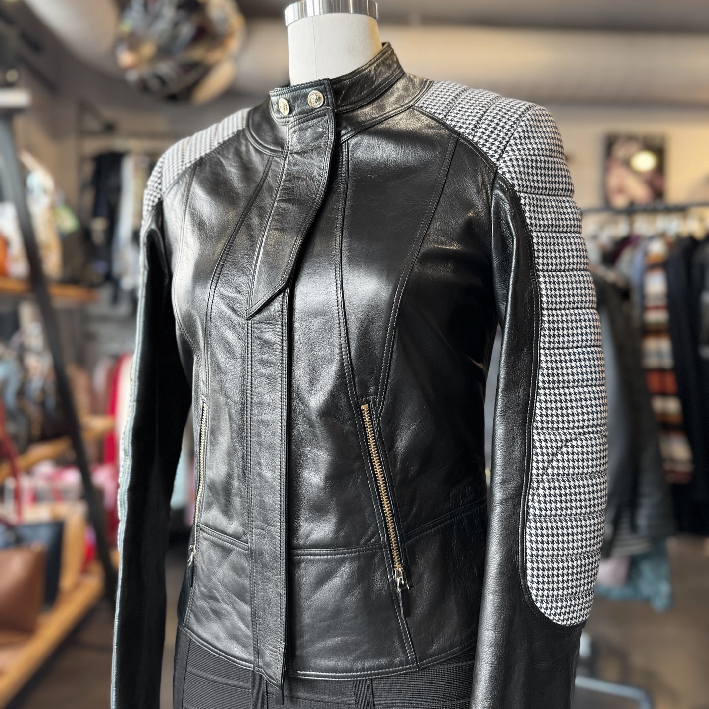 Versace Wool Houndstooth Panels Leather Jacket
