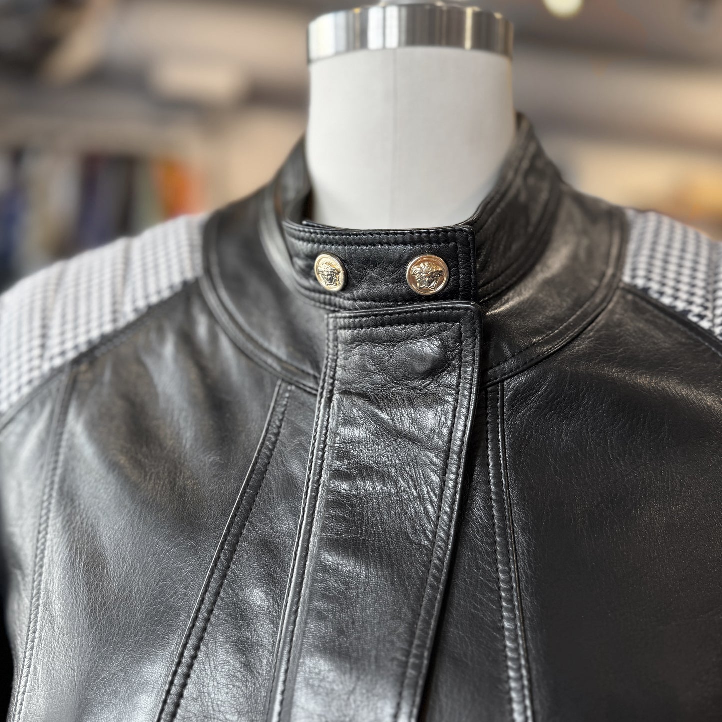 Versace Wool Houndstooth Panels Leather Jacket