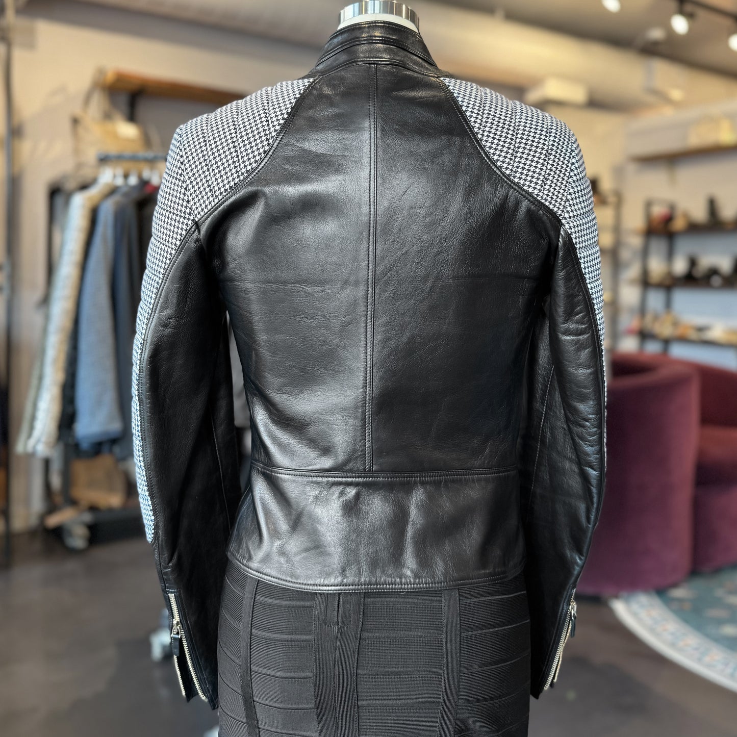 Versace Wool Houndstooth Panels Leather Jacket