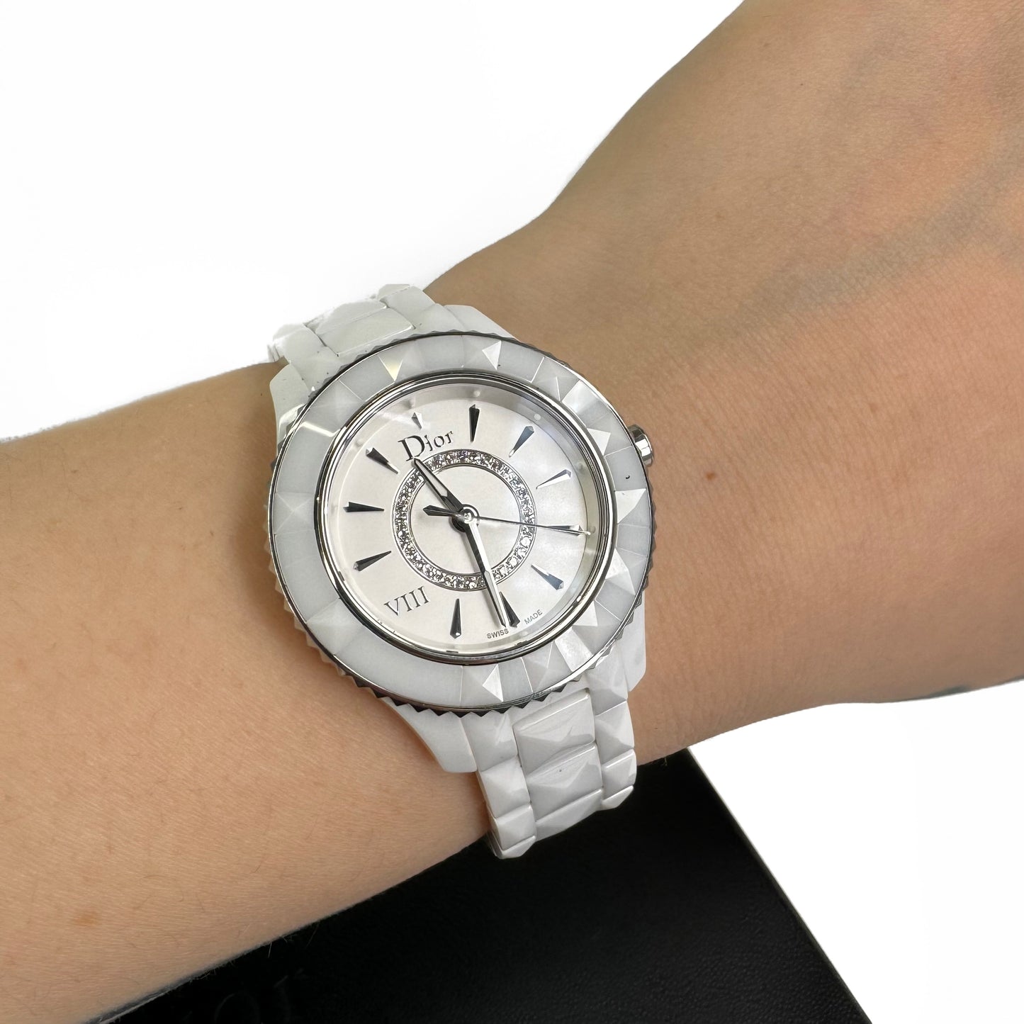 Dior VIII White Ceramic Steel Diamond Silver Dial Watch