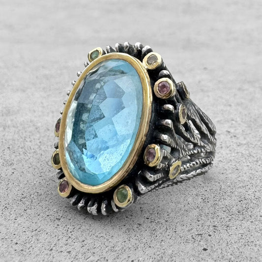 Styliano Blue Topaz and Tourmalines Yellow Gold Sterling Silver Ring