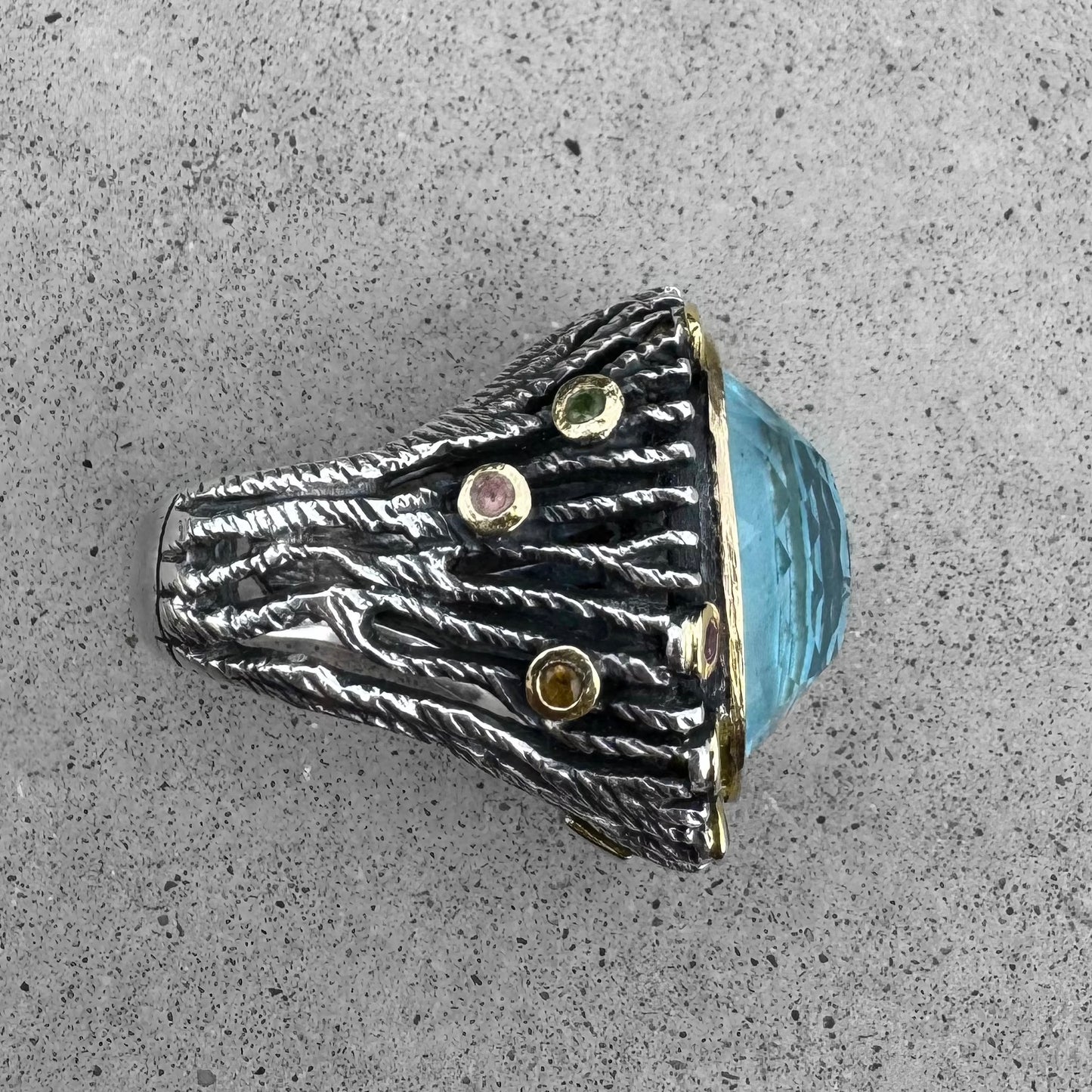 Styliano Blue Topaz and Tourmalines Yellow Gold Sterling Silver Ring