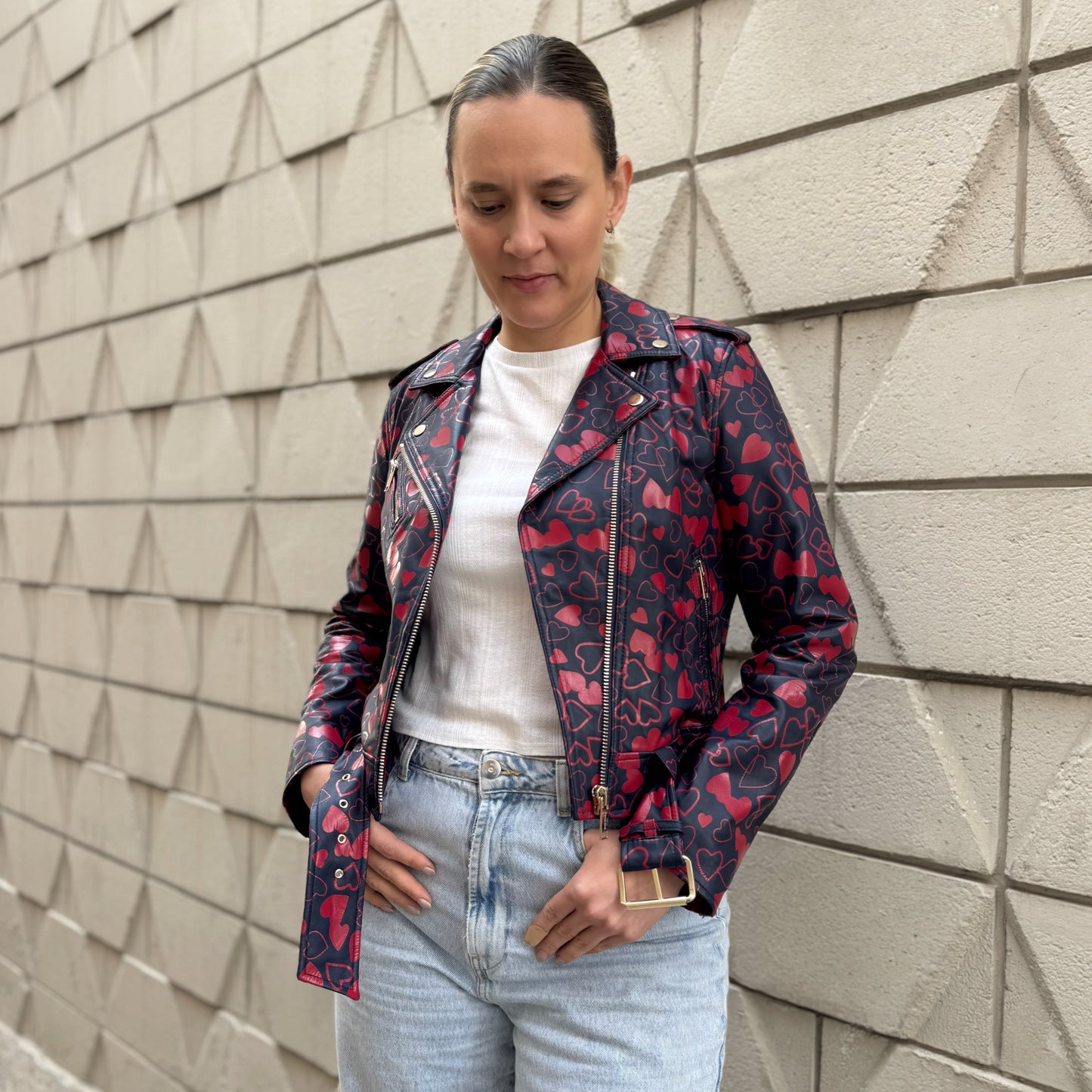 Michael Kors Heart-Print Leather Moto Jacket