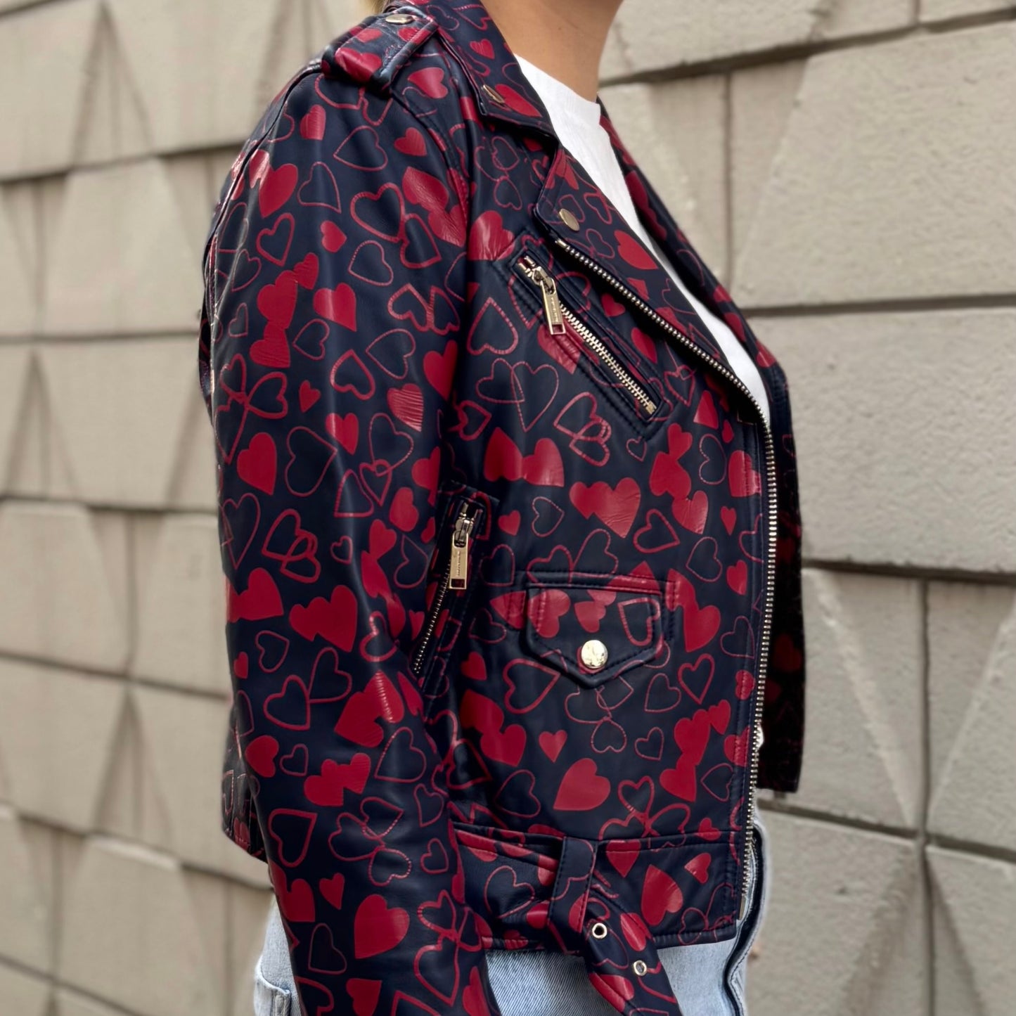 Michael Kors Heart-Print Leather Moto Jacket