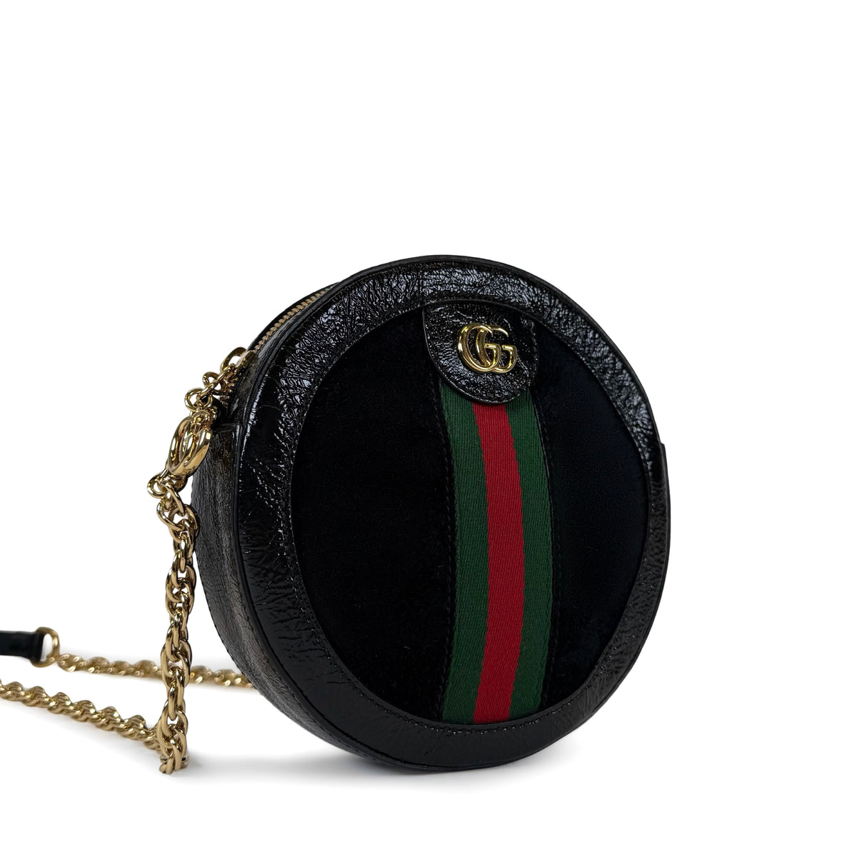 Gucci Ophidia Web Suede Patent Round Bag