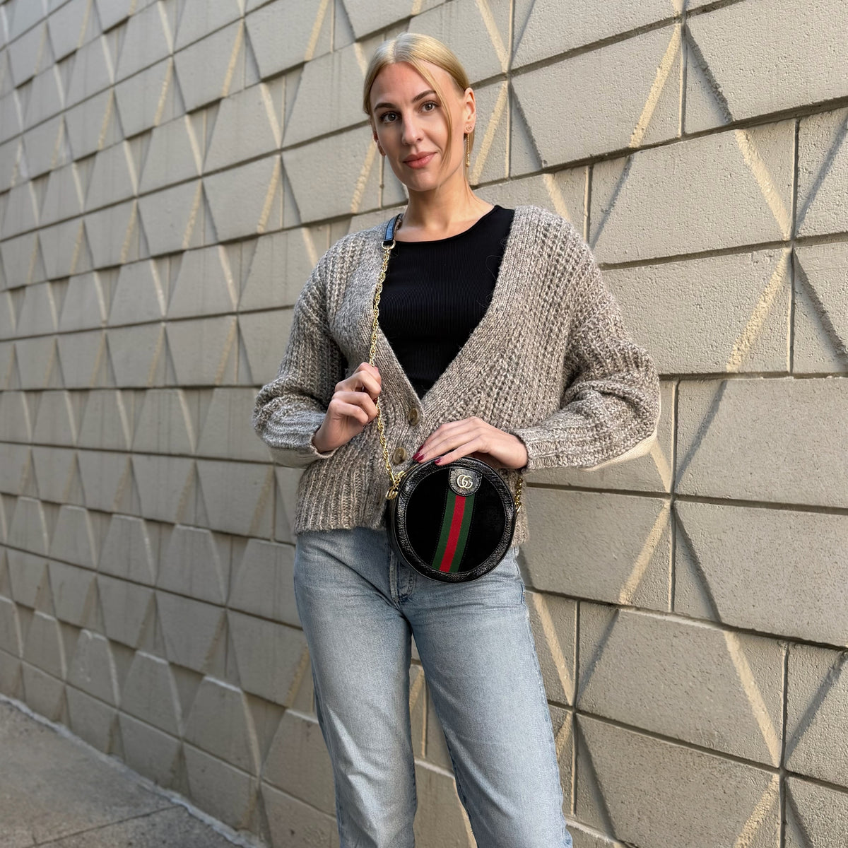 Gucci Ophidia Web Suede Patent Round Bag
