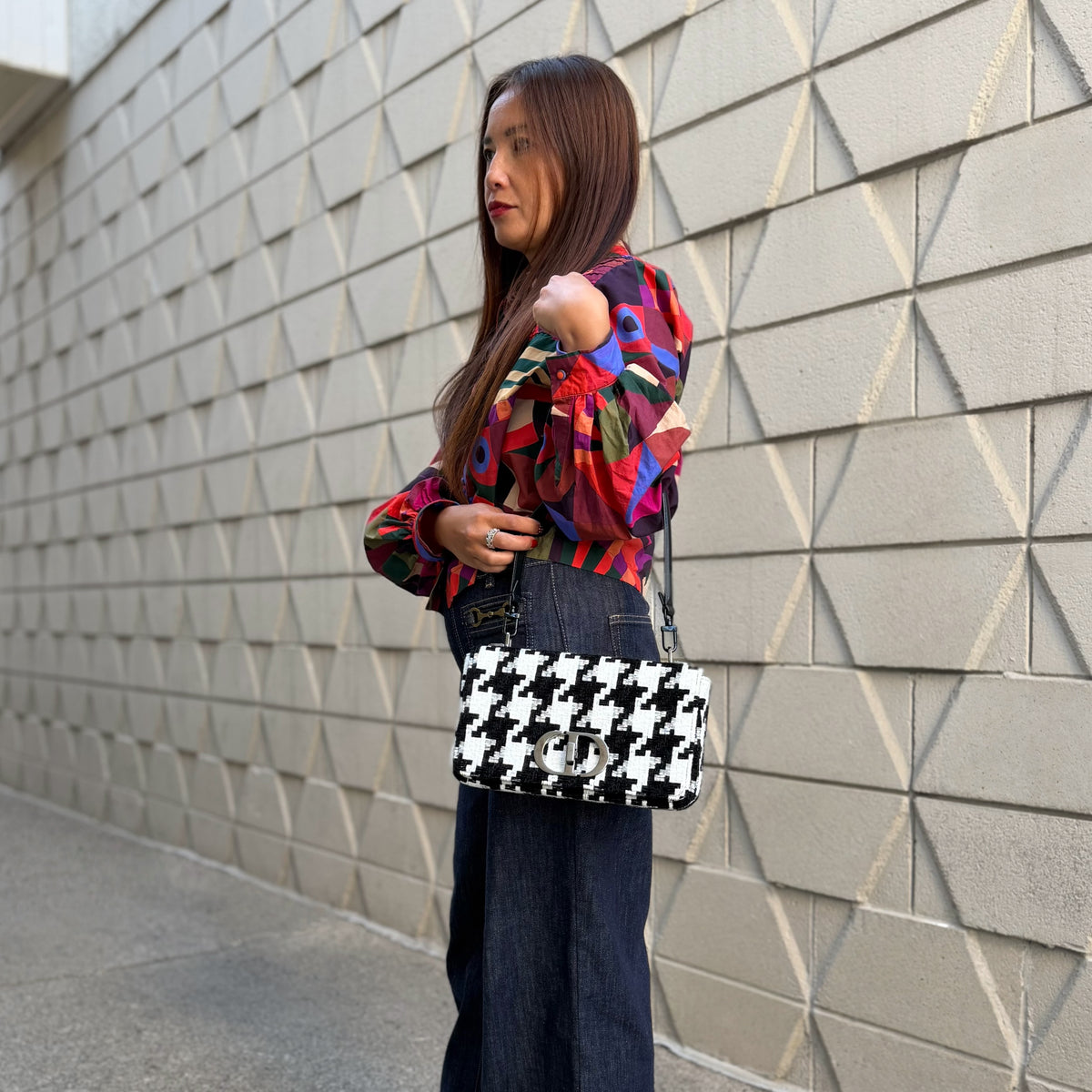 Christian Dior Houndstooth Caro Medium Shoulder Bag