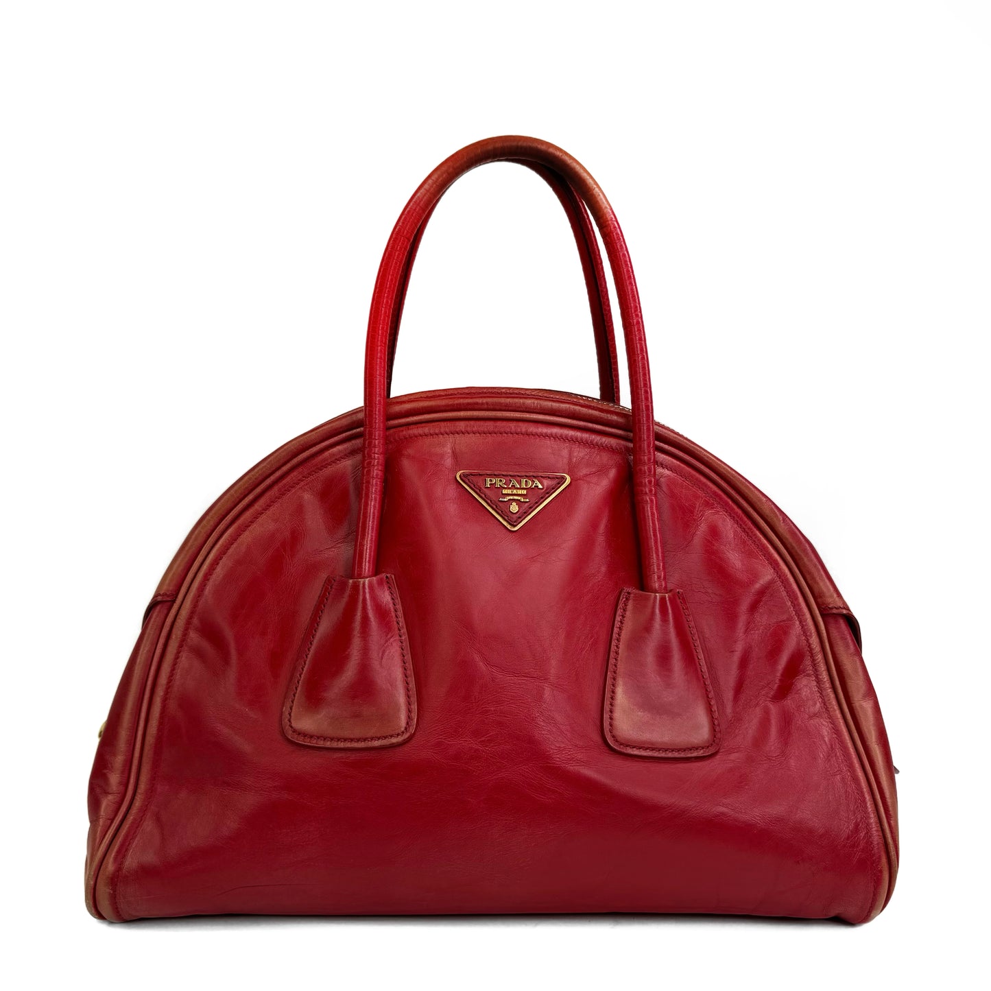 Prada Rosso Vitello Vintage Leather Bauletto Bowler Bag