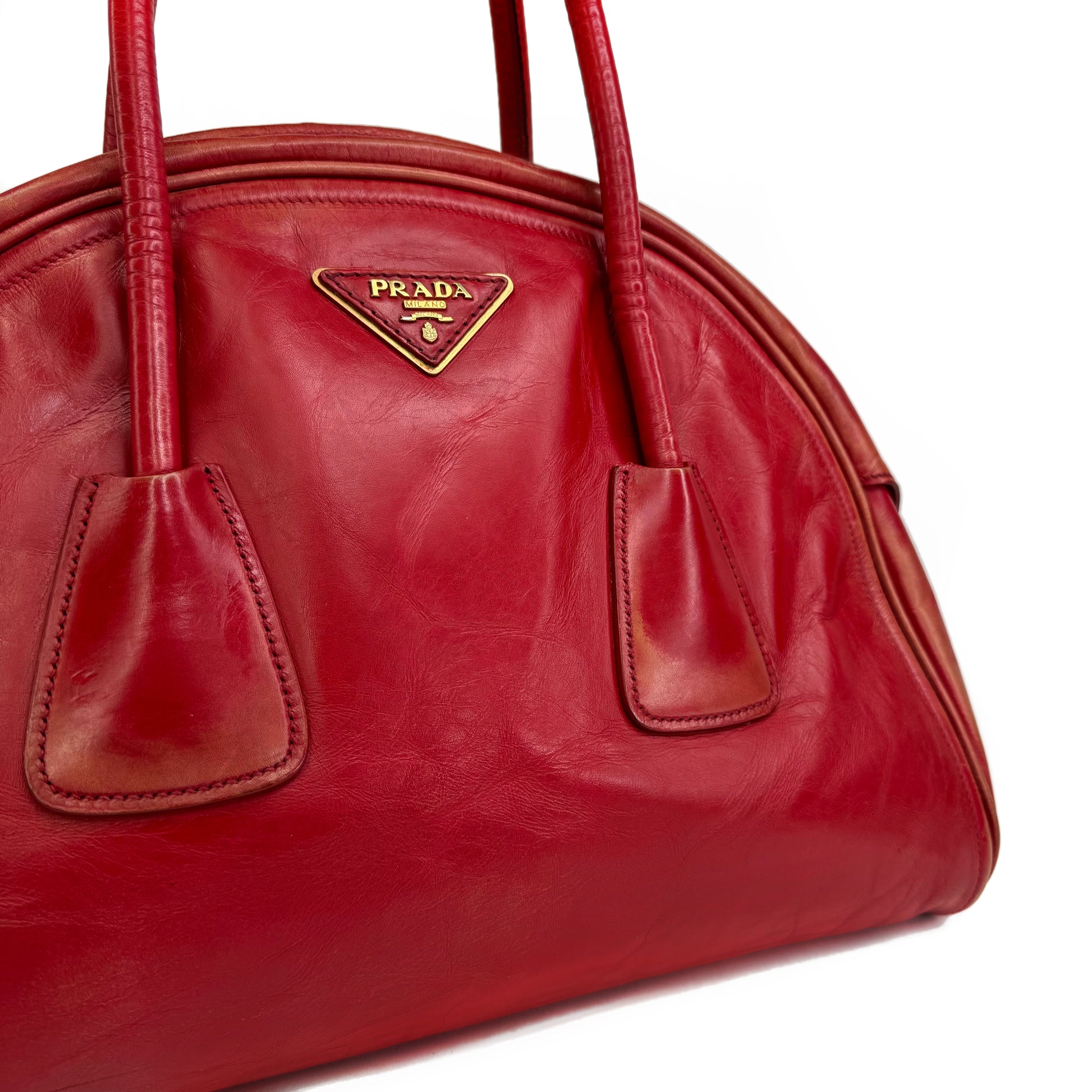 Prada Rosso Vitello Vintage Leather Bauletto Bowler Bag Wilder s