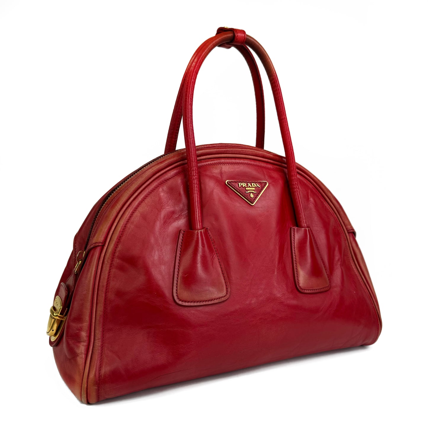 Prada Rosso Vitello Vintage Leather Bauletto Bowler Bag
