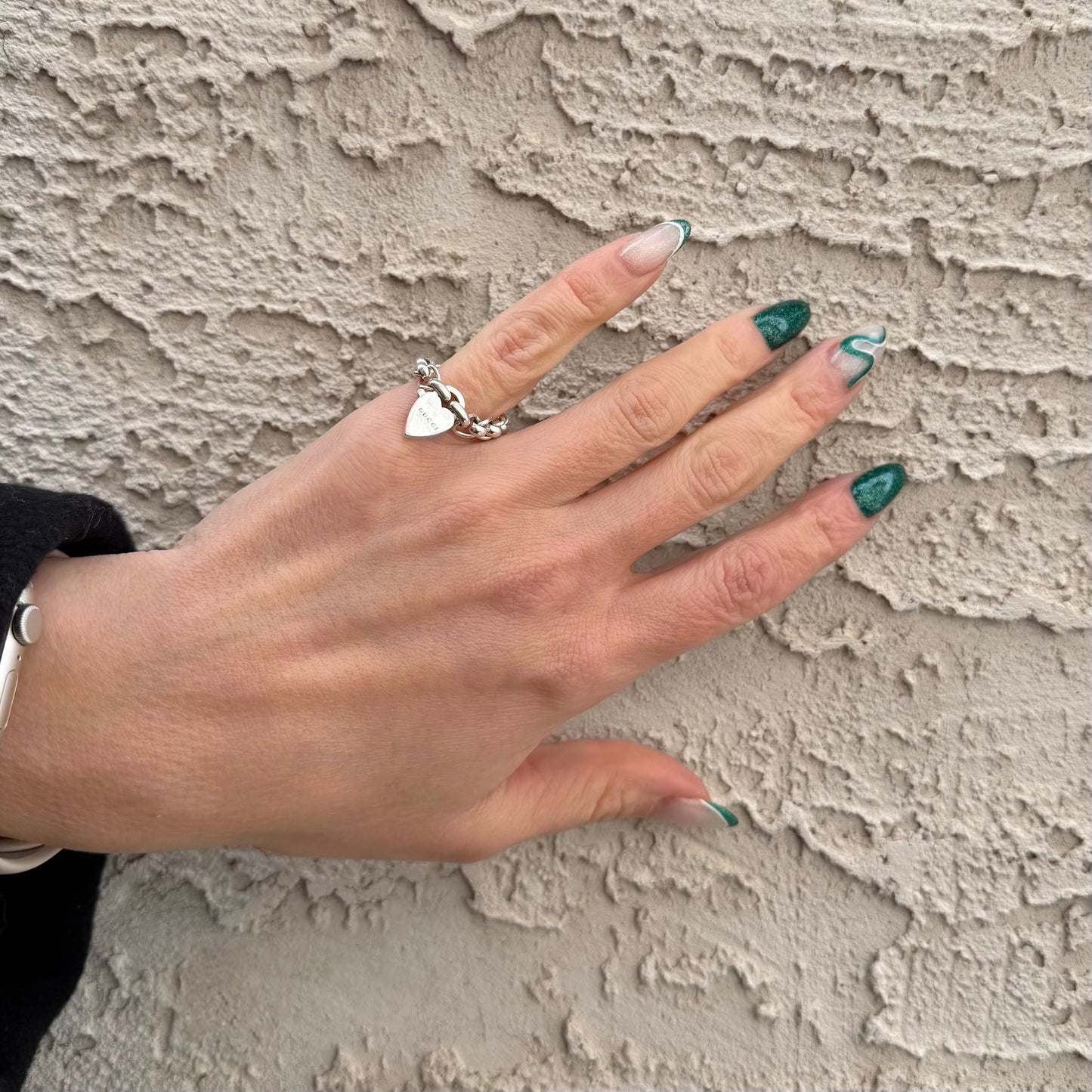 Gucci Sterling Silver Heart Charm Chain Ring