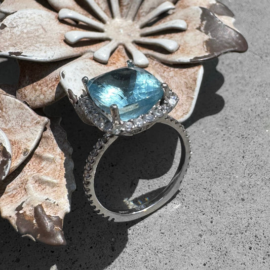 Custom Aquamarine & Diamond Halo White Gold Ring