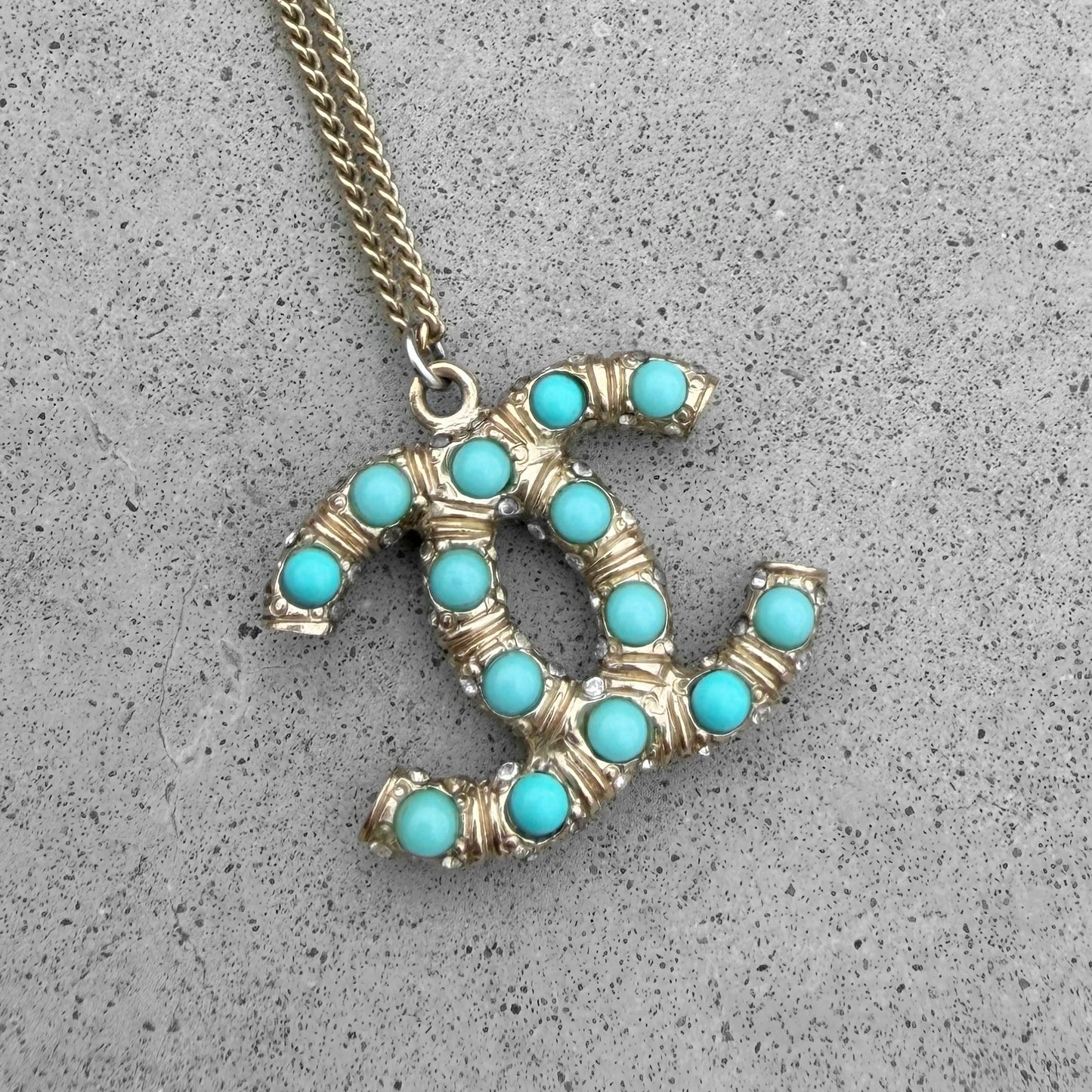 Chanel CC Logo Turquoise Colored Stone Pendant Necklace