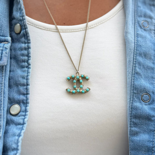 Chanel CC Logo Turquoise Colored Stone Pendant Necklace