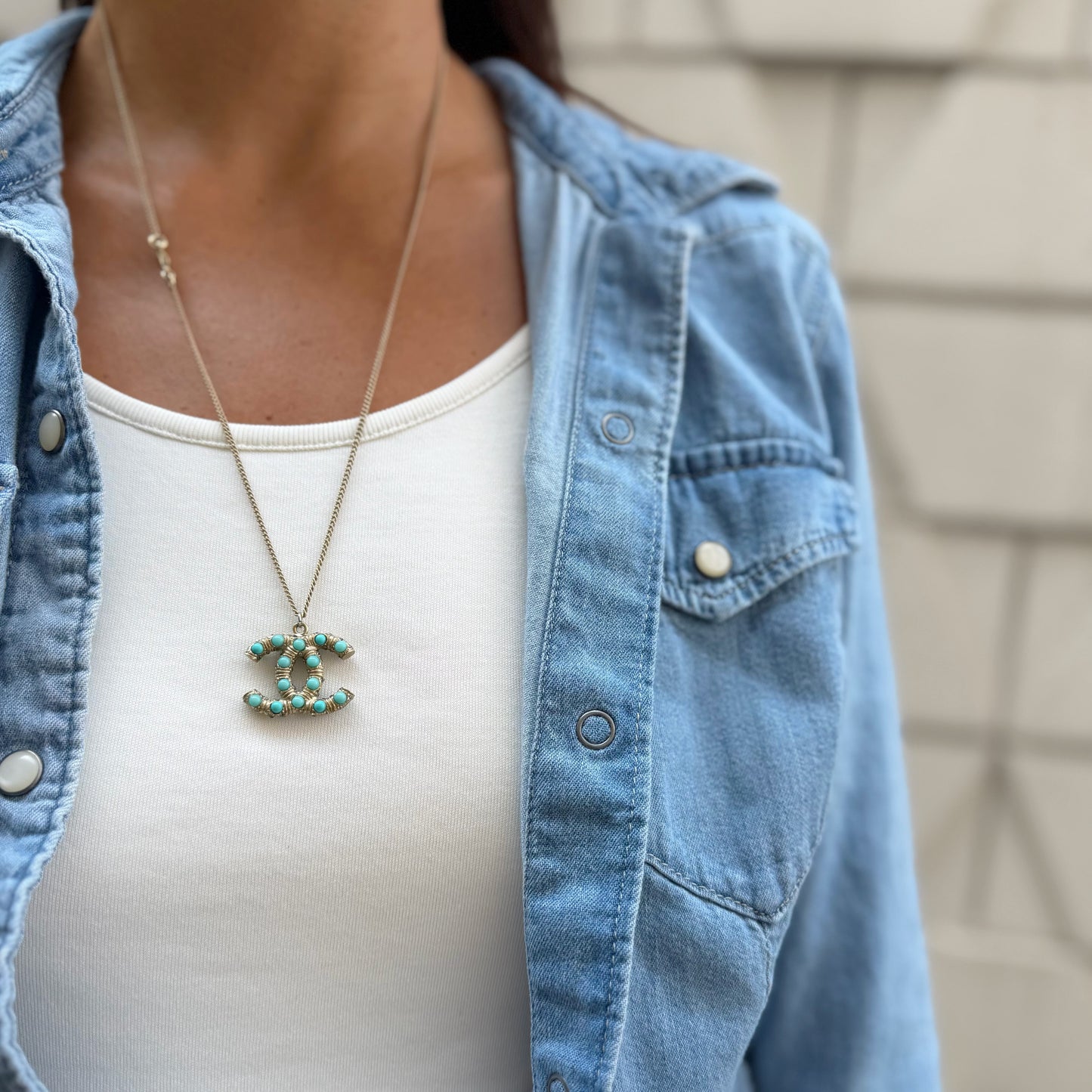 Chanel CC Logo Turquoise Colored Stone Pendant Necklace