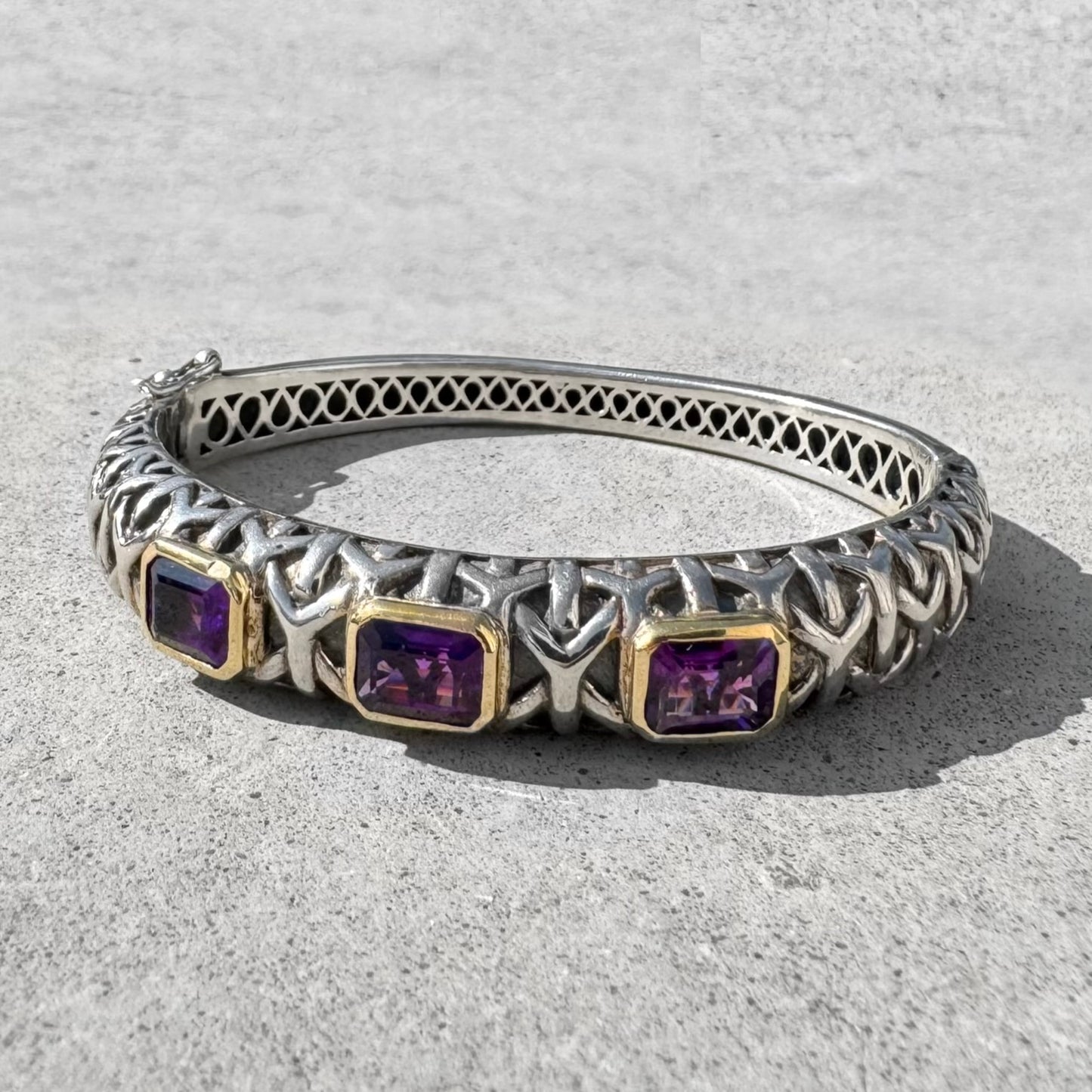 Custom Hinged Sterling Silver 14K Gold Settings Amethysts Bracelet