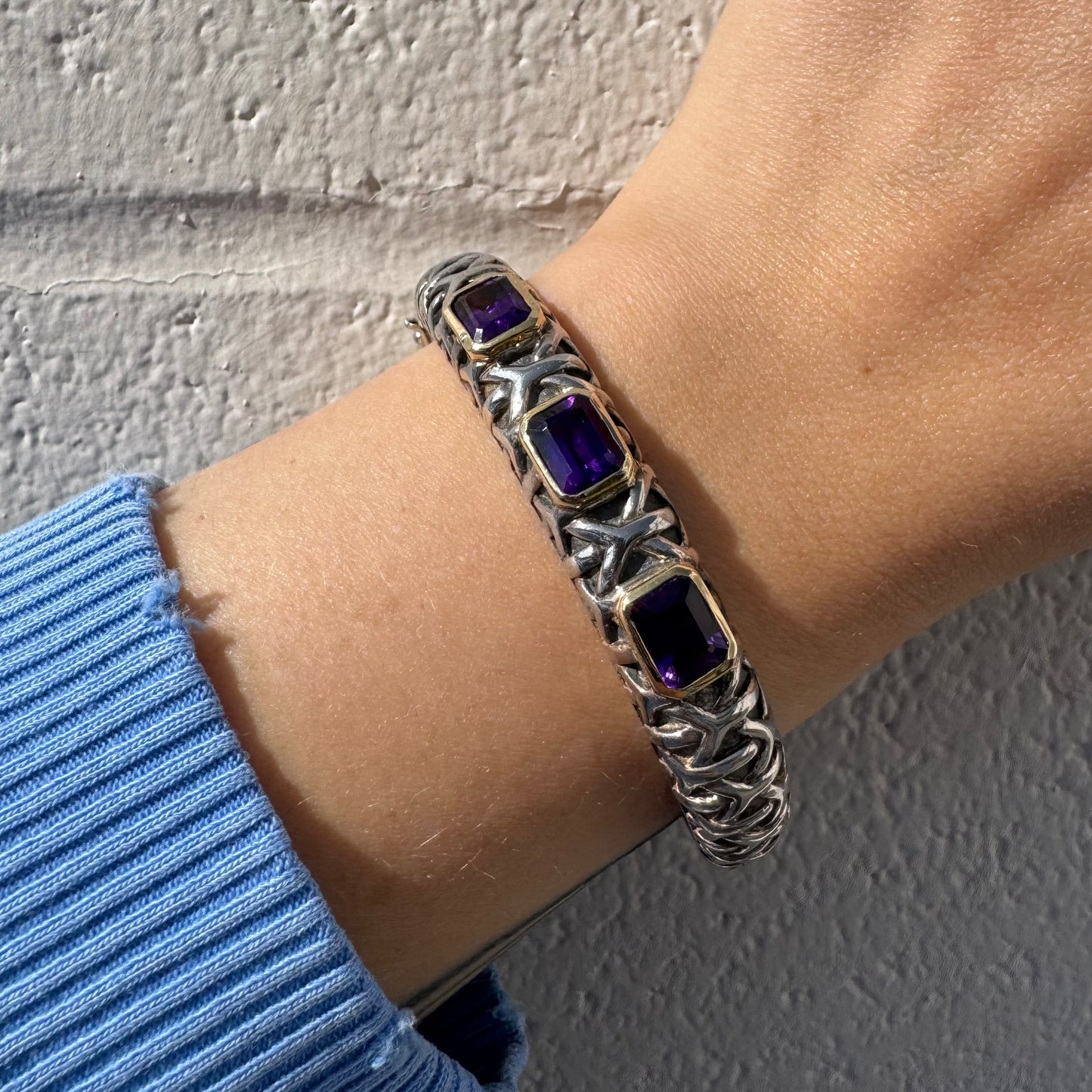 Custom Hinged Sterling Silver 14K Gold Settings Amethysts Bracelet