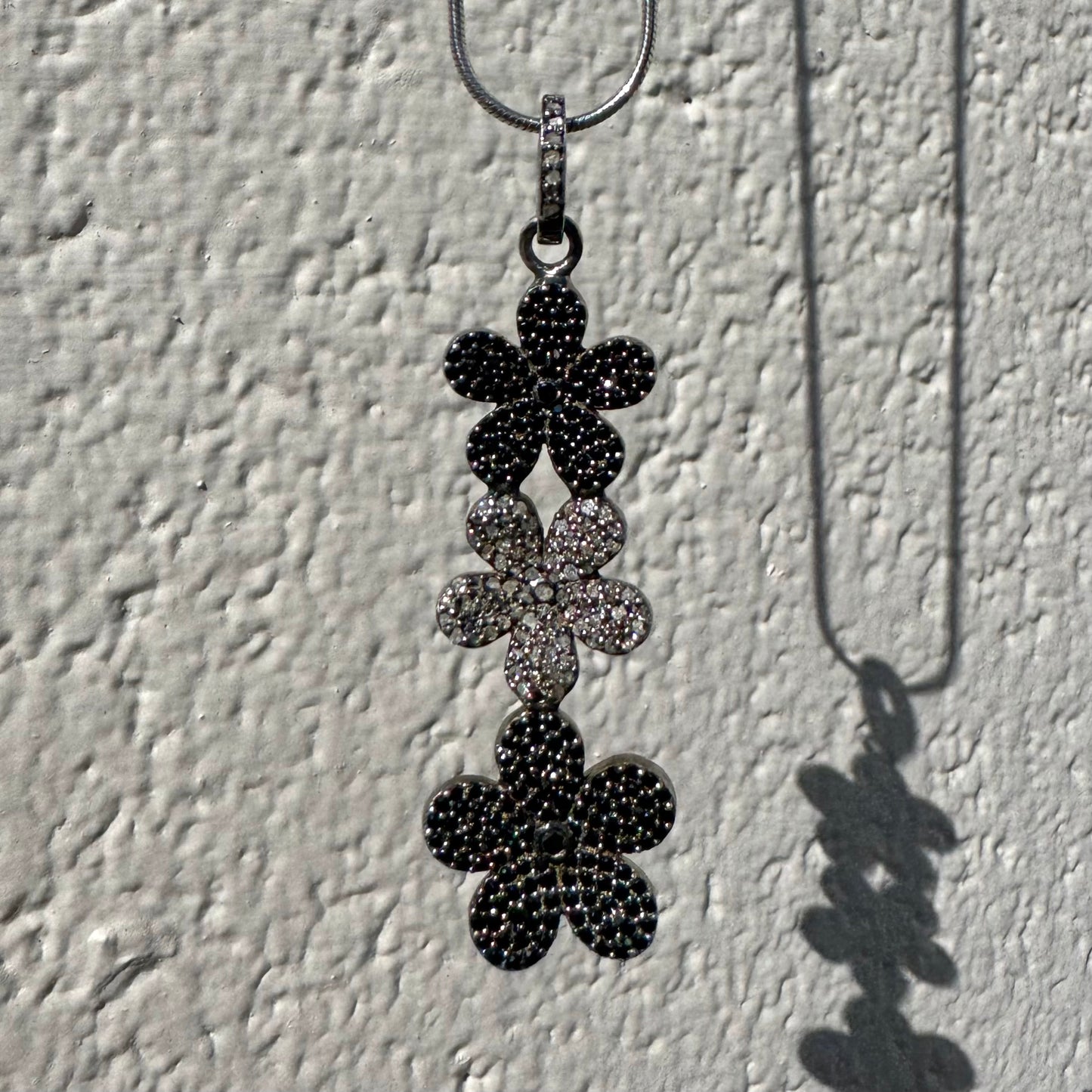 Black Spinel and Diamonds Rhodium Plated Sterling Silver Floral Pendant on Chain
