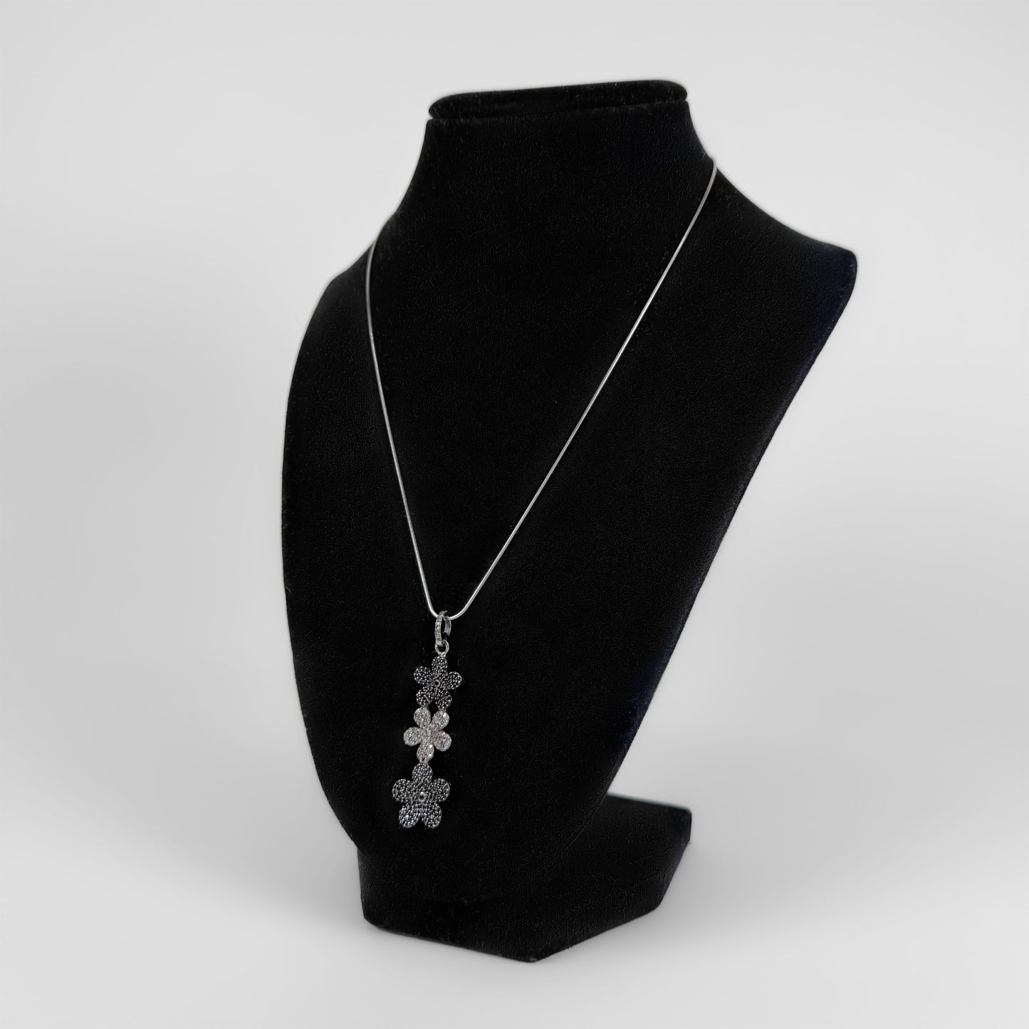 Black Spinel and Diamonds Rhodium Plated Sterling Silver Floral Pendant on Chain