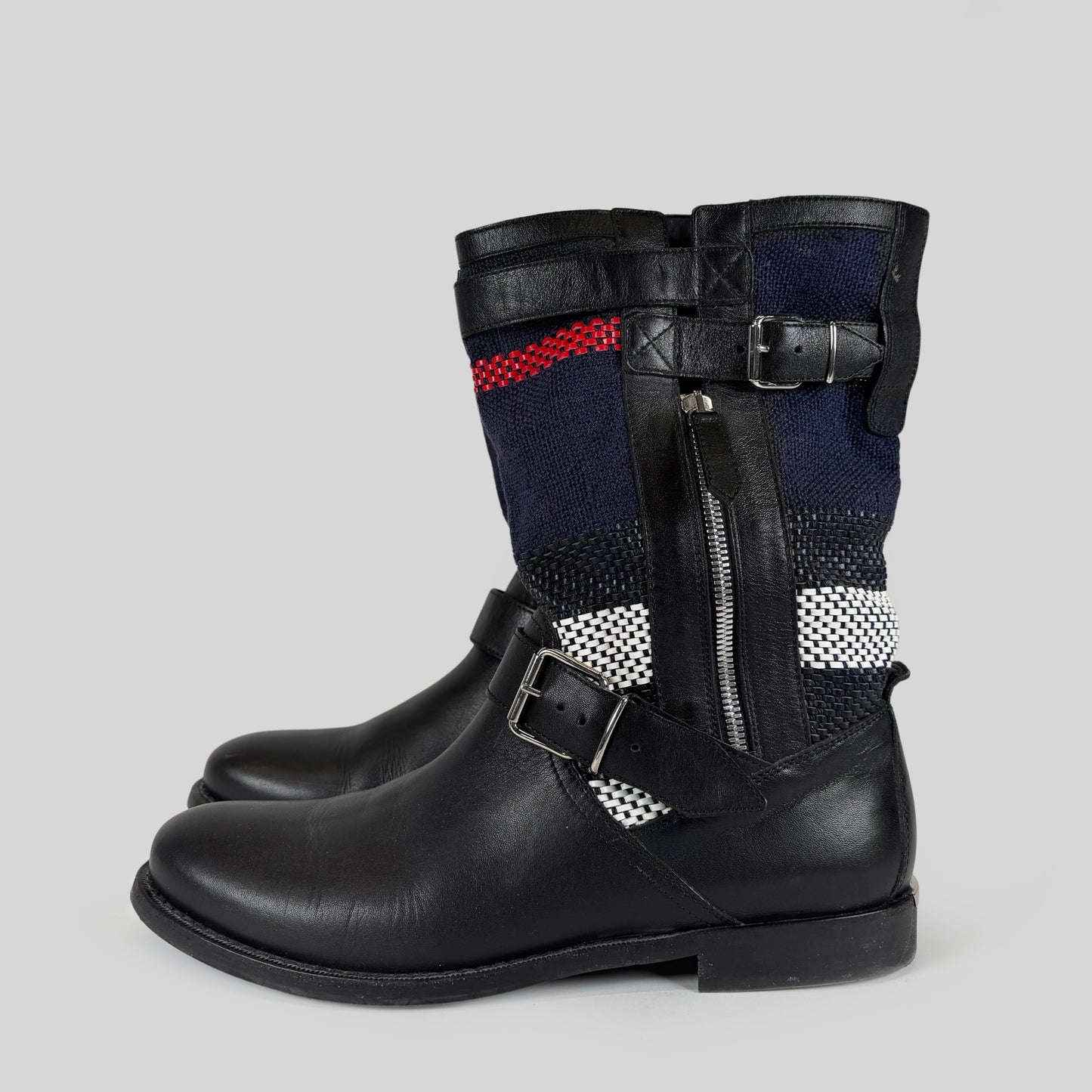 Burberry Leather Plaid Canvas Buckled Boots