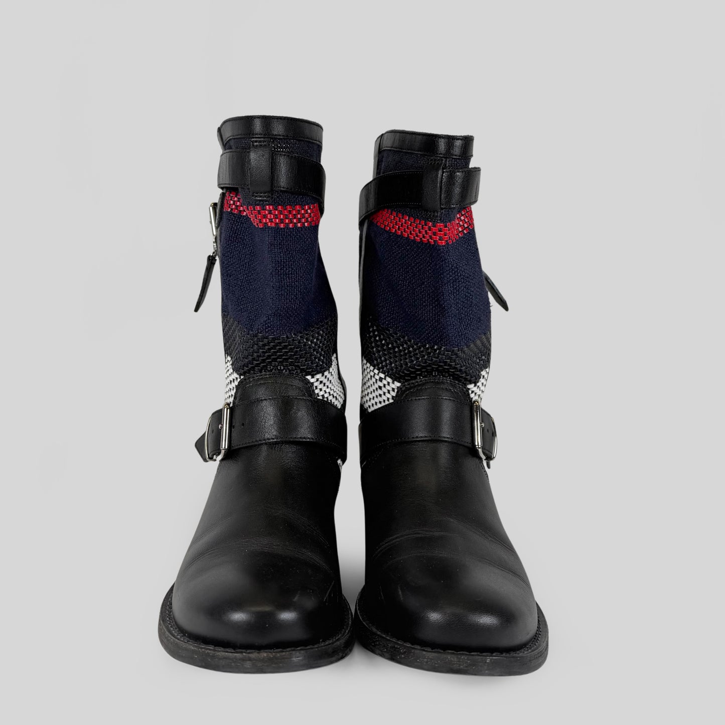 Burberry Leather Plaid Canvas Buckled Boots