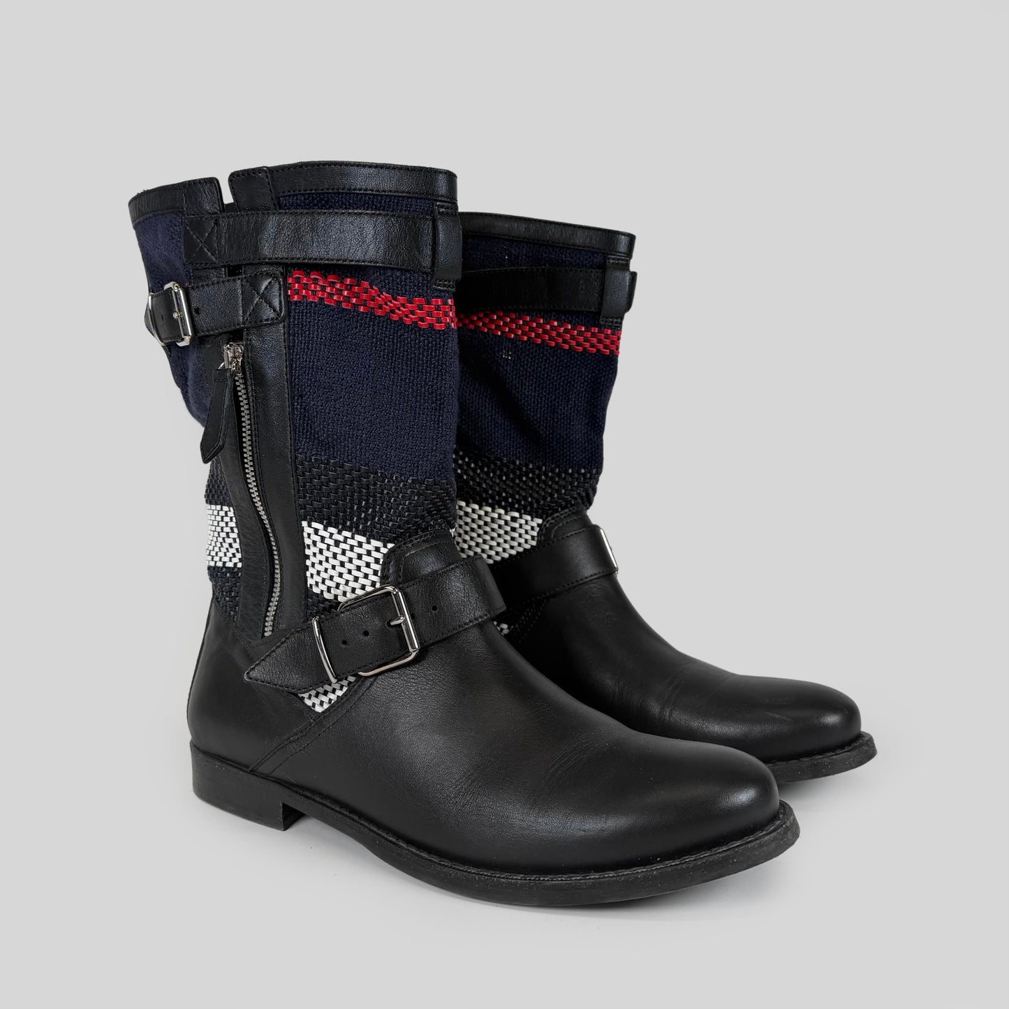 Burberry Leather Plaid Canvas Buckled Boots