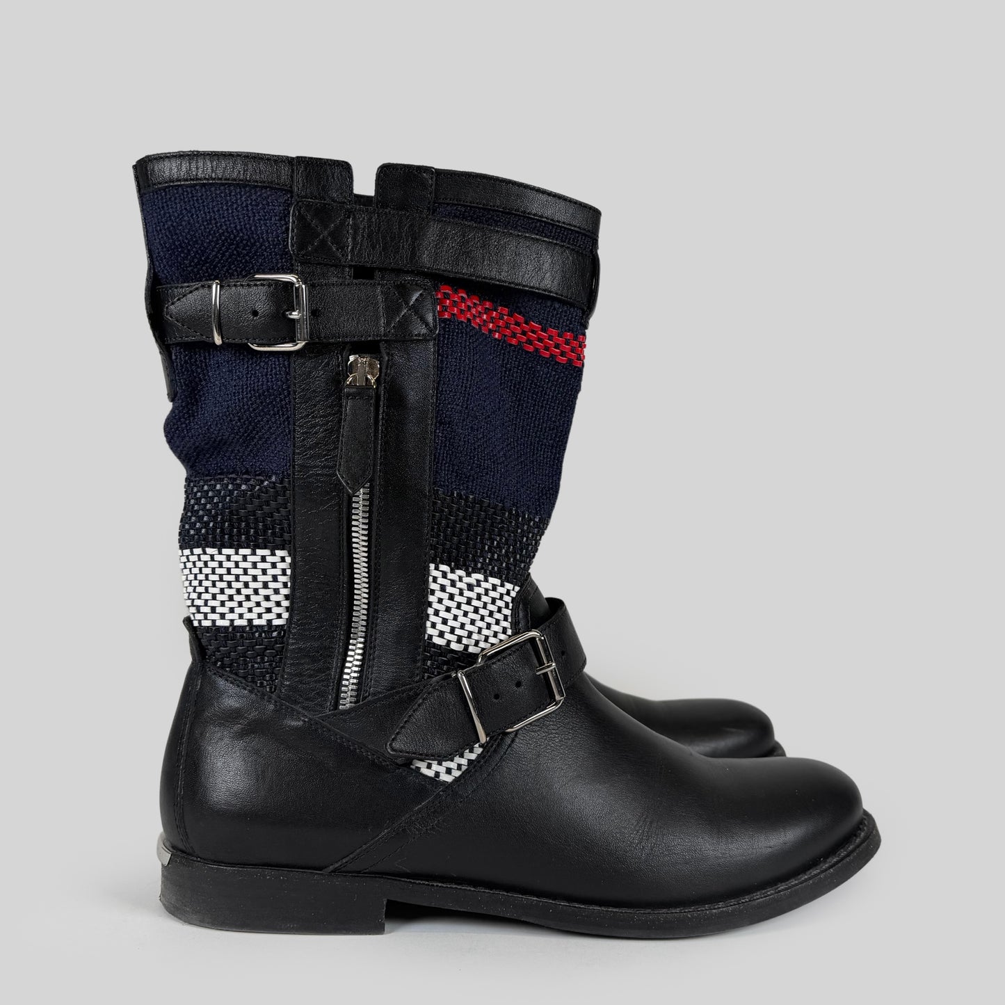Burberry Leather Plaid Canvas Buckled Boots