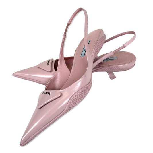 Prada Logo Plaque Pointed Toe Slingback Pumps