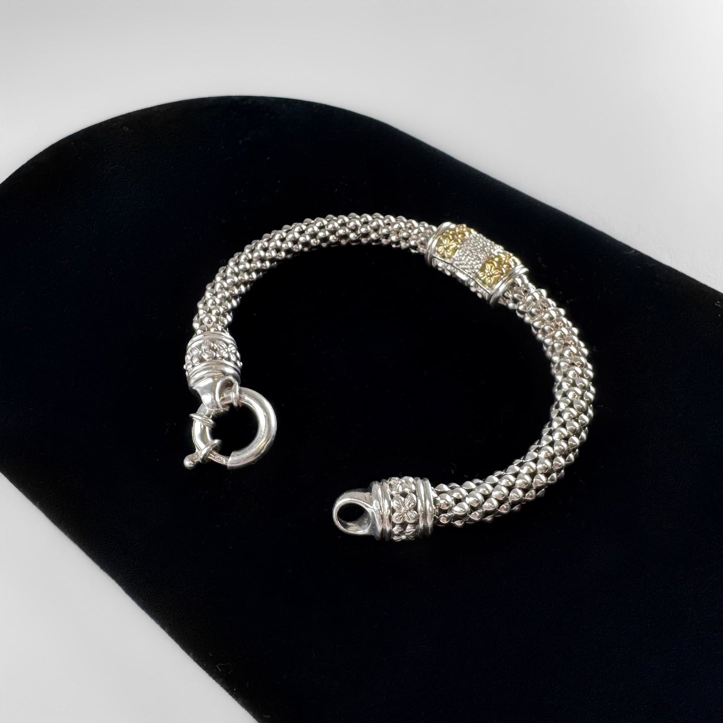 Yellow Gold Accents and Diamonds Sterling Silver Popcorn Link Bracelet