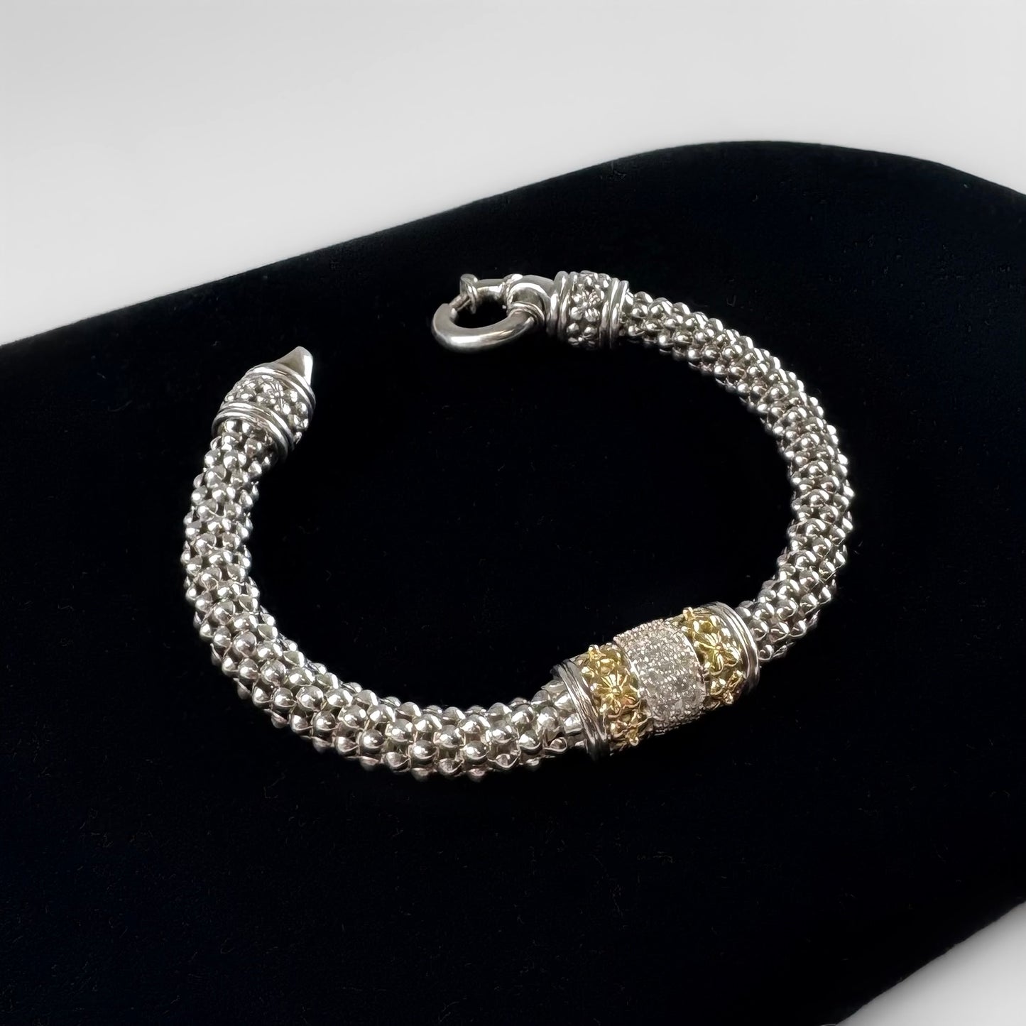 Yellow Gold Accents and Diamonds Sterling Silver Popcorn Link Bracelet