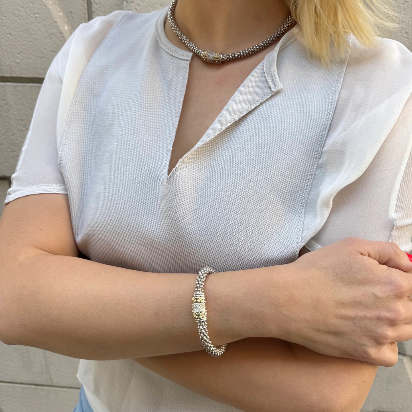 Yellow Gold Accents and Diamonds Sterling Silver Popcorn Link Necklace