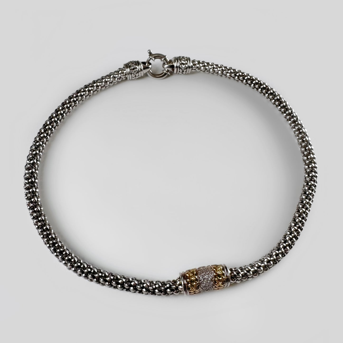 Yellow Gold Accents and Diamonds Sterling Silver Popcorn Link Necklace