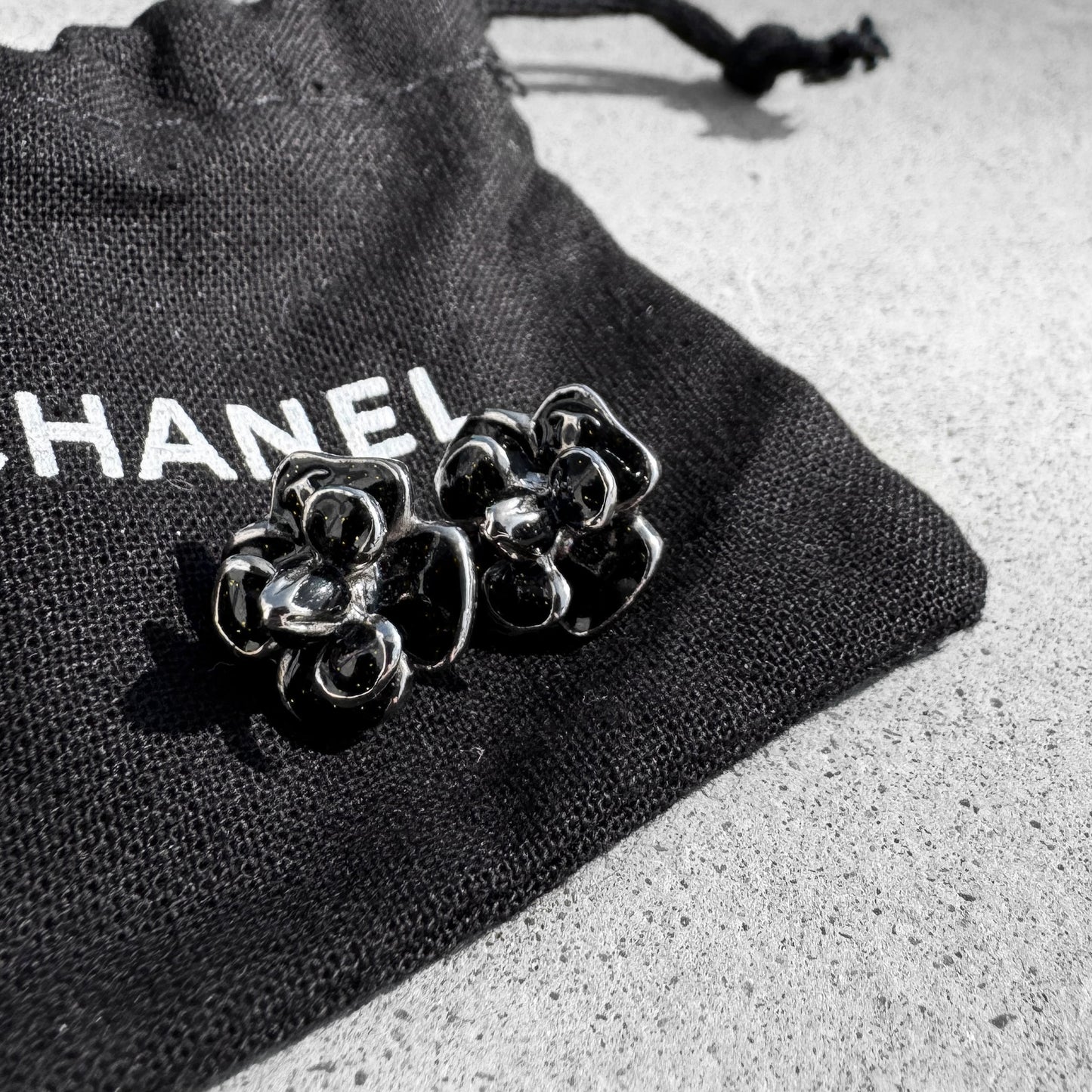 Chanel Black Resin Camellia Stud Earrings