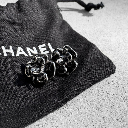 Chanel Black Resin Camellia Stud Earrings