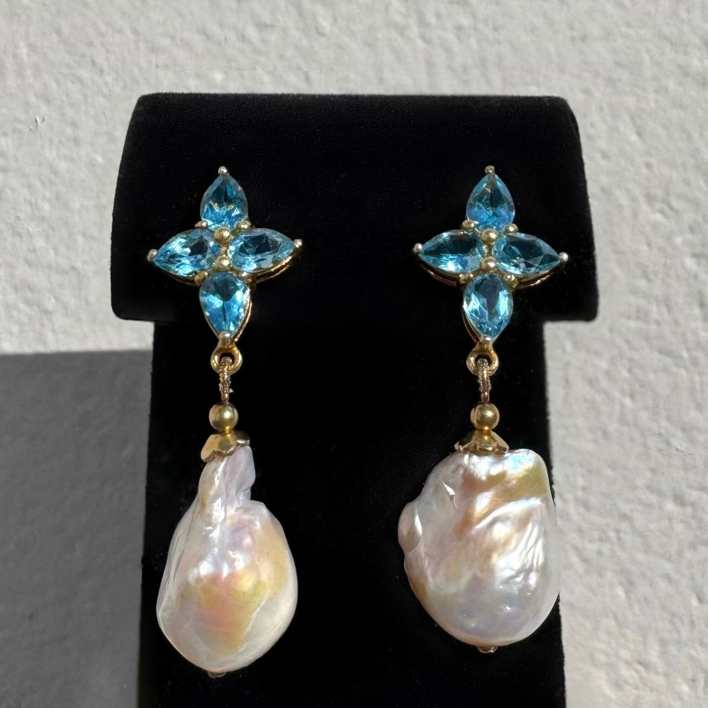 Blue Topaz and Pearl Gold Plated Sterling Silver Earring