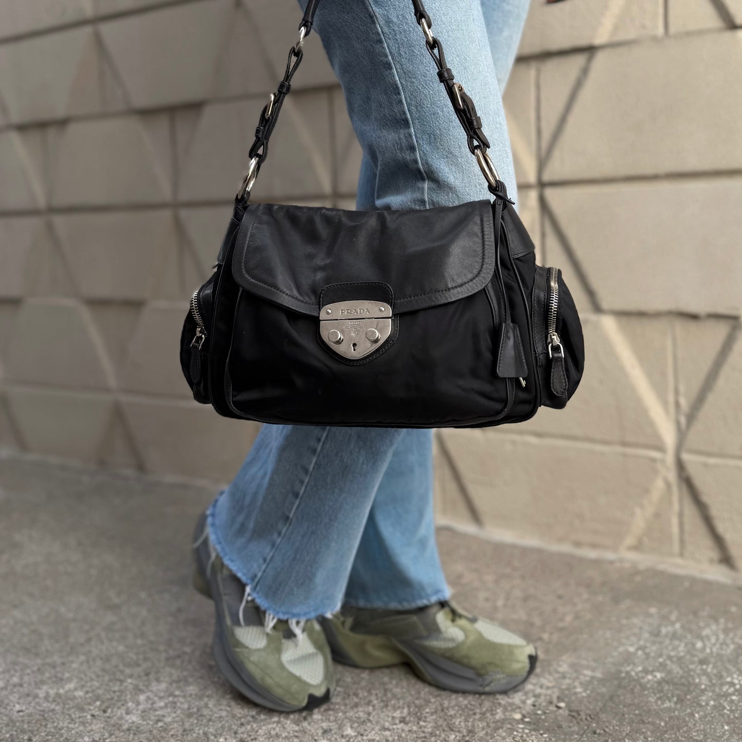 Prada Nylon Leather Pushlock Bag
