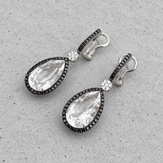 White Gold Rock Crystal Quartz White & Black Diamond Drop Earrings