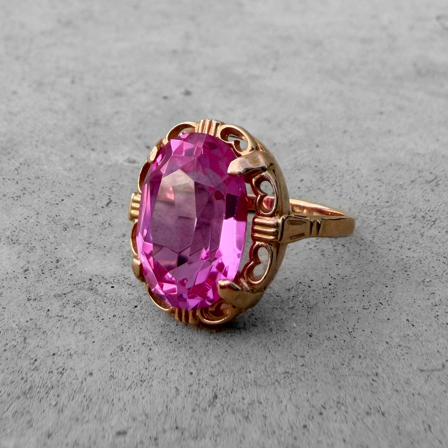 Custom Solitaire Yellow Gold Synthetic Pink Sapphire Ring