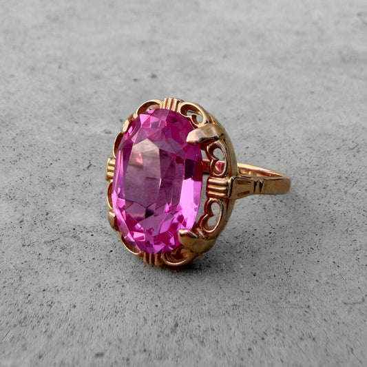 Custom Solitaire Yellow Gold Synthetic Pink Sapphire Ring