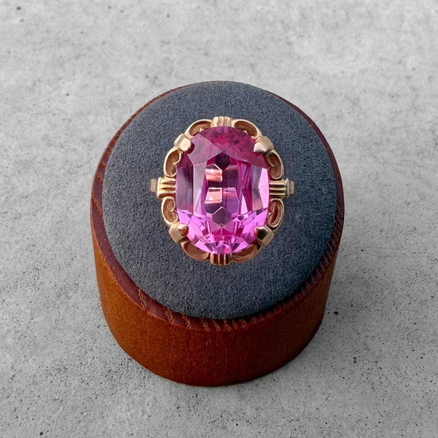 Custom Solitaire Yellow Gold Synthetic Pink Sapphire Ring