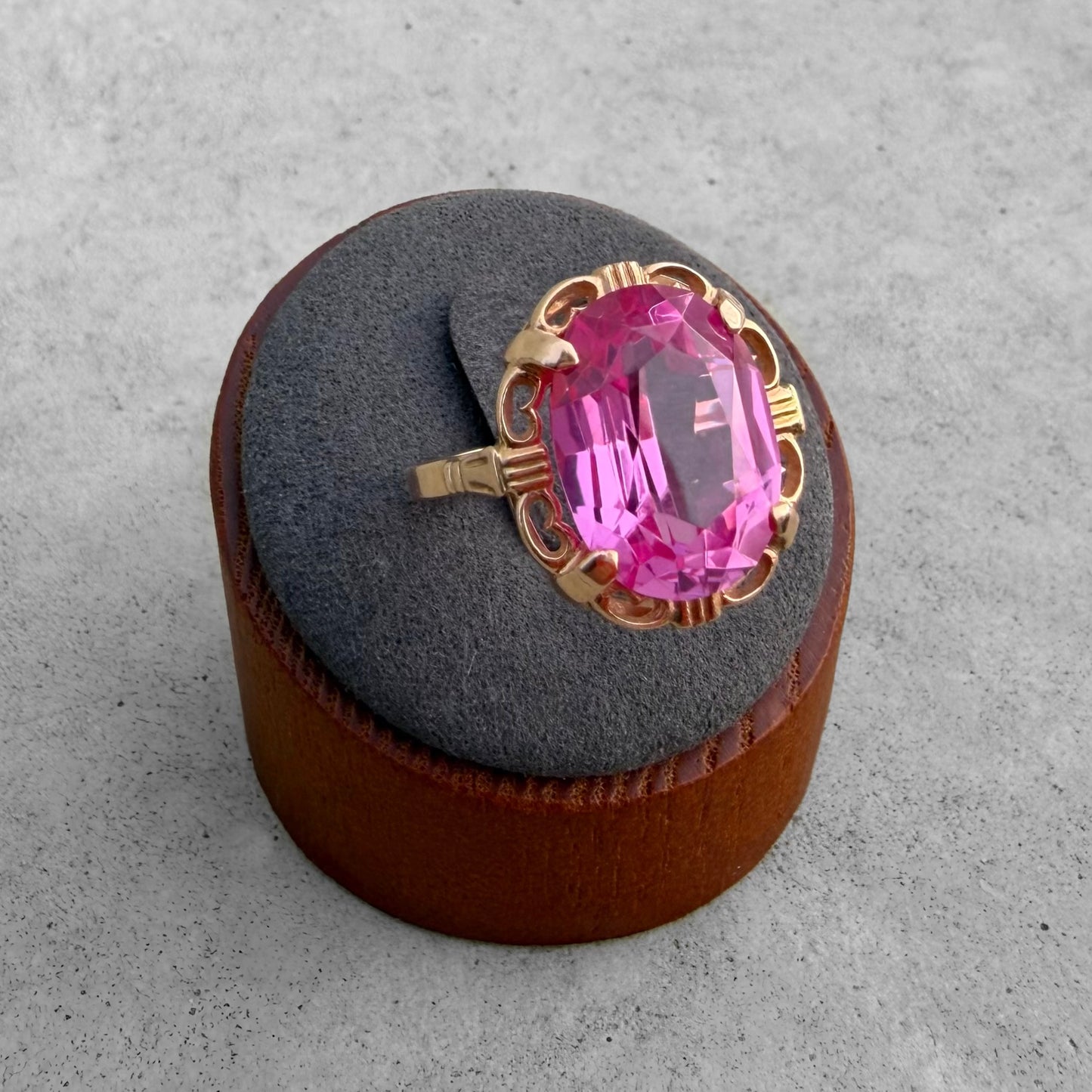 Custom Solitaire Yellow Gold Synthetic Pink Sapphire Ring