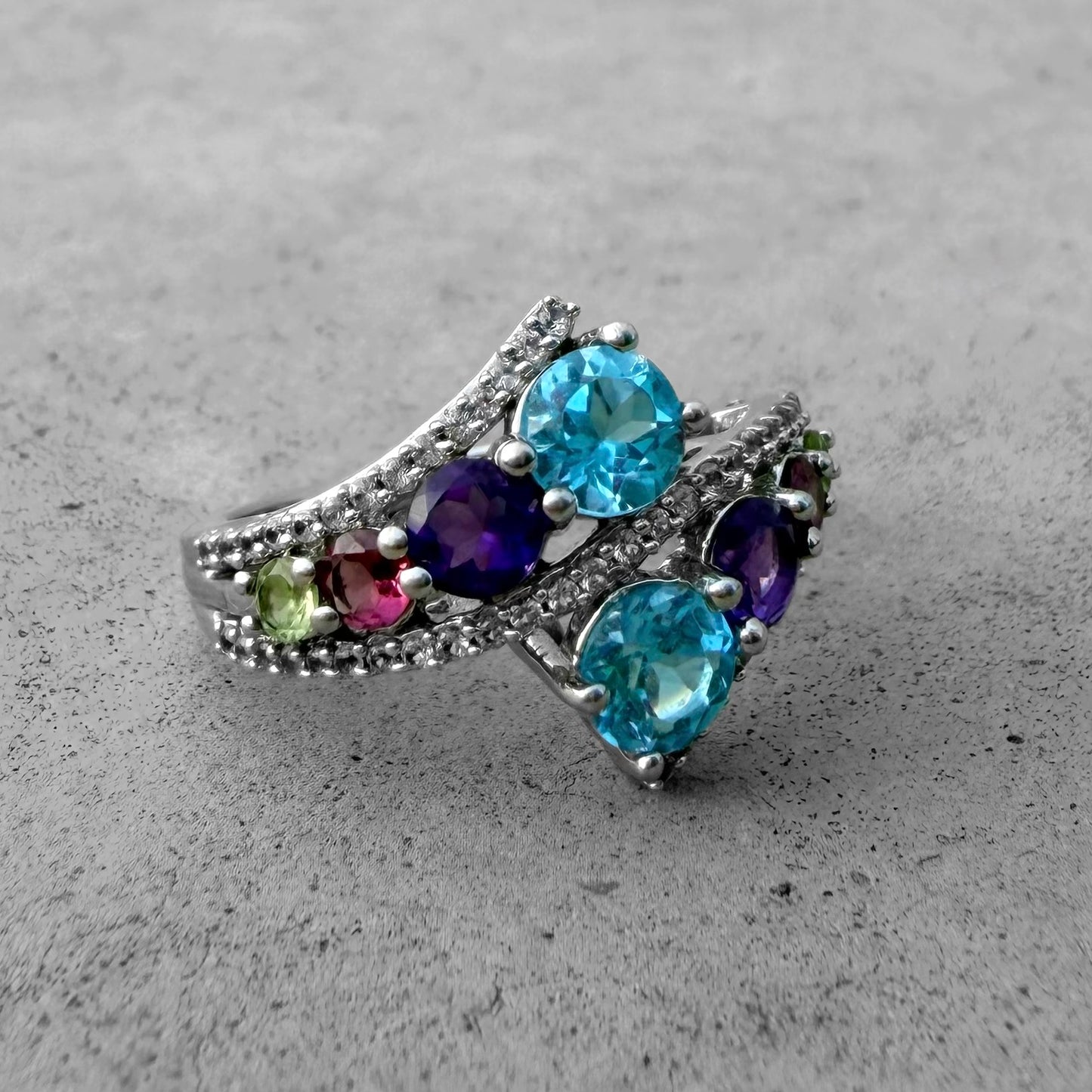 Custom Blue Topaz Amethyst Tourmaline Peridot White Topaz Ring