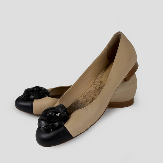Chanel Two-Tone Camellia Ballet Flats