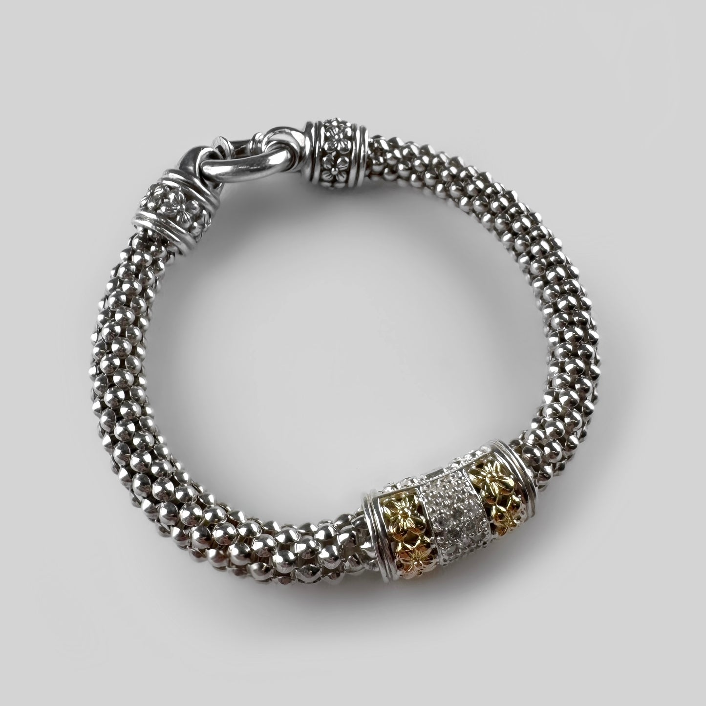 Yellow Gold Accents and Diamonds Sterling Silver Popcorn Link Bracelet