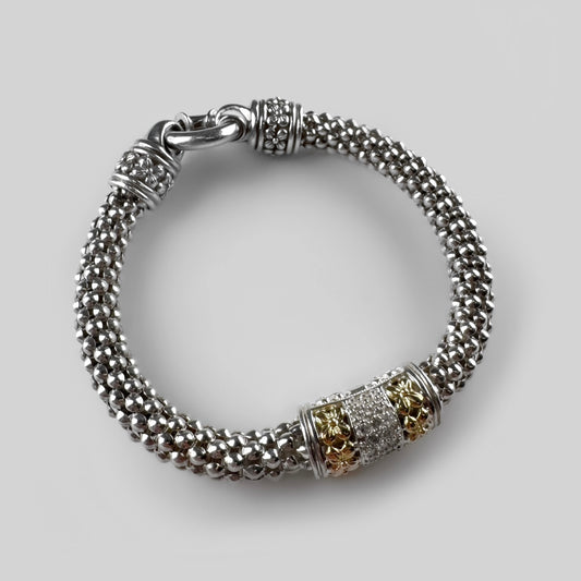 Yellow Gold Accents and Diamonds Sterling Silver Popcorn Link Bracelet