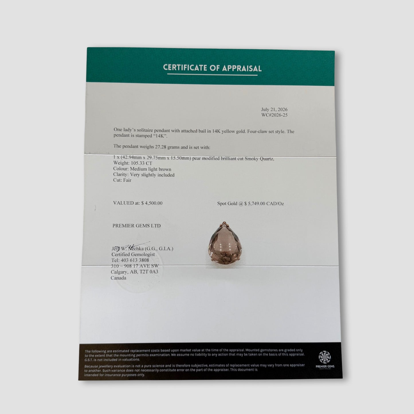 Estate Solitaire Smoky Quartz Gold Necklace