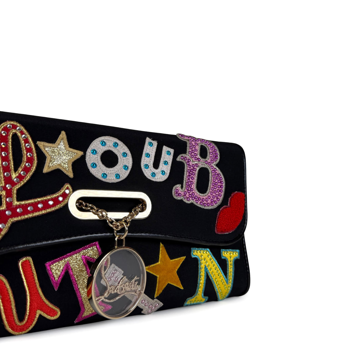 Christian Louboutin Canvas Patch Letters Riviera Clutch on Chain